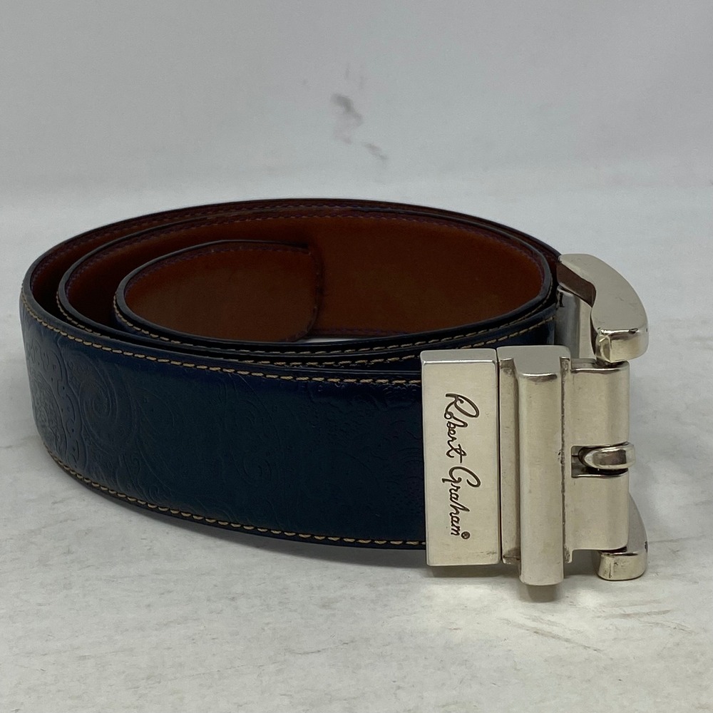 Robert Graham Mens Navy Blue Embossed Paisley Leather Belt Silver Buckle Size 32